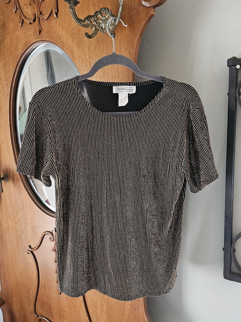 Vintage 90s Impressions California Black Gold Metallic Ribbed Top USA